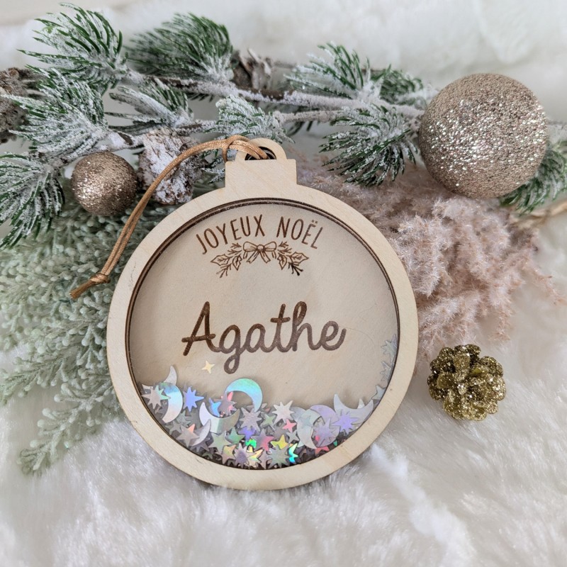 Boule de Noël en Bois et Acrylique Personnalisée - Prénom et Sequins Argentés